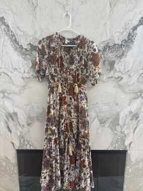 Elan Cream Floral Tiered Maxi Dress with Rust & Navy Accents